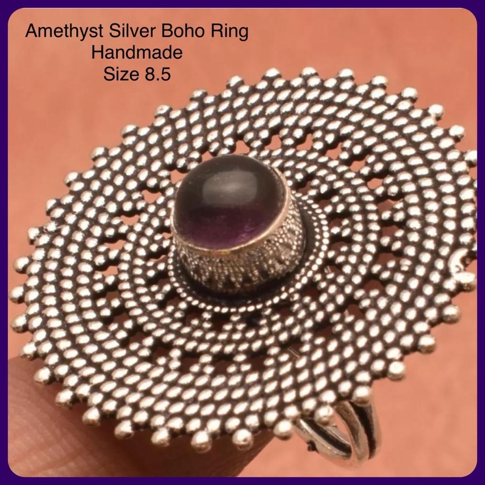 Handmade Amethyst Silver Boho Ethnic Ring SZ 8.5